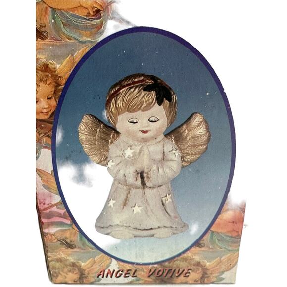 Christmas Ceramic PRAYING Angel Tea Light Candle Holder GILDED Stars Retro Decor - Picture 8 of 9